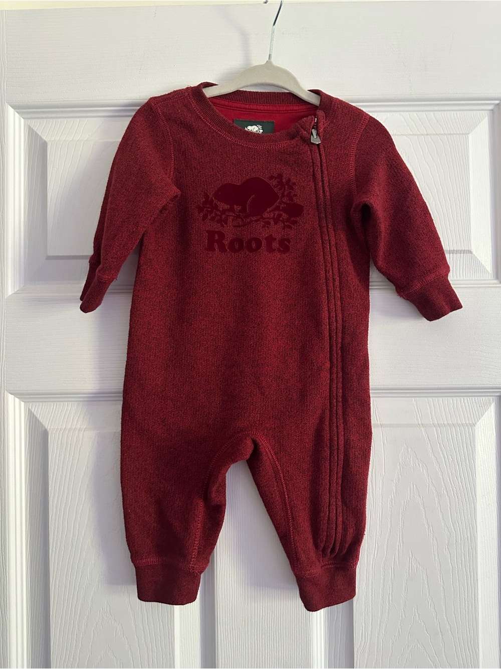Size 3-6M Roots Baby Organic Cotton Burgundy Asymmetrical Zip Romper One Piece - Picture 3 of 7